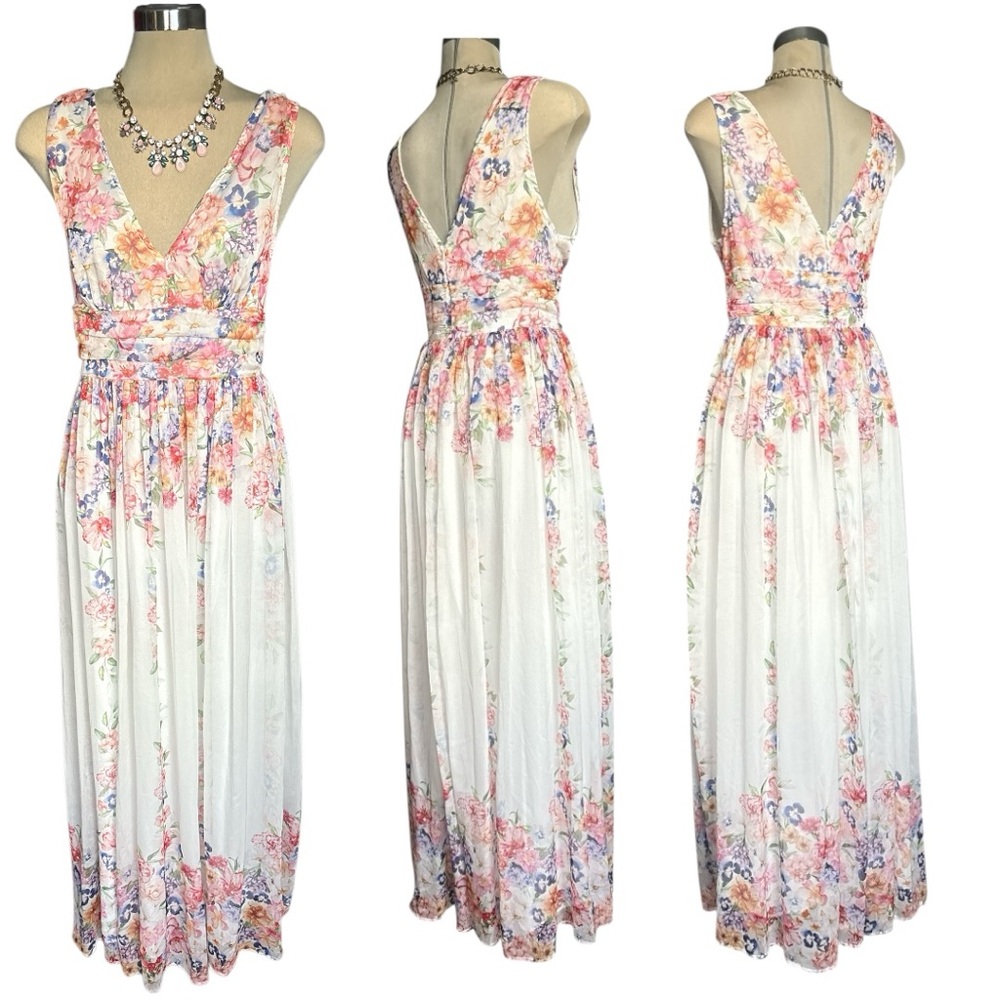 Pink and Orange Floral Sleeveless V-Neck Maxi Sundress for Wedding Guest